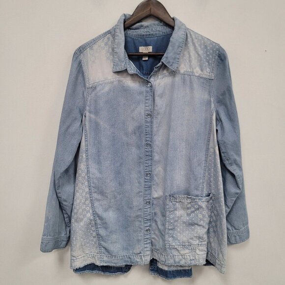 Logo Lori Goldstein Womens Southwestern Aztec Chambray Top Size 20W Petite Boho - Picture 1 of 10